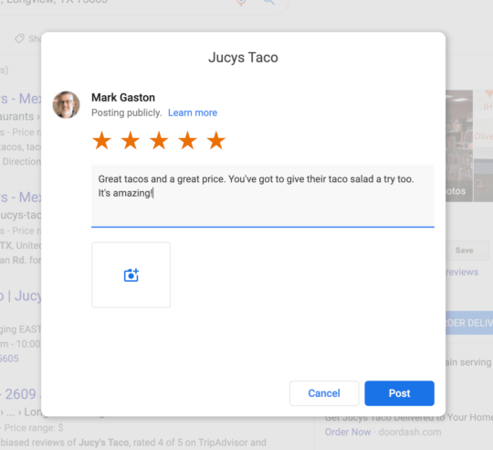 Screenshot of direct link to Google business reviews form